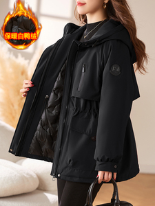 红工装羽绒服女2025冬季新款加厚保暖白鸭绒内胆派克服外套图片
