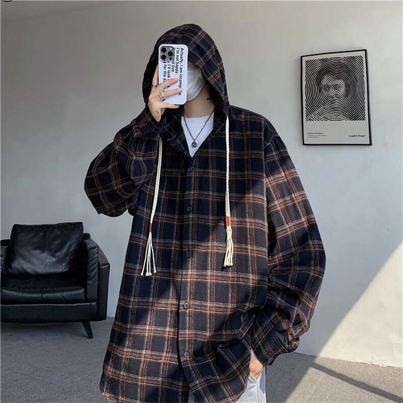 2025新款连帽格子衬衫日系复古宽松休闲上衣薄上衣现货W8395-P43,男装衬衫,星座512-4