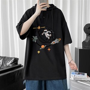 LD54142-P45 连帽短袖t恤男大码胖子带帽五分袖中袖图片