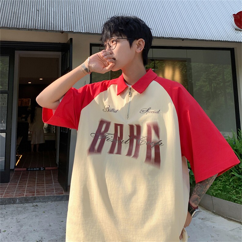 港风重磅全棉撞色插肩袖polo衫短袖男T恤XP2236-P45控78,男装T恤,电商B370