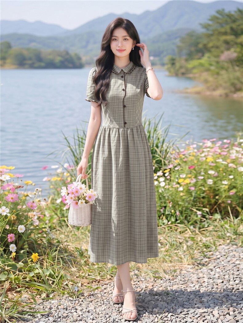 学院风格纹连衣裙女春夏收腰显瘦中长裙格子裙子,女装连衣裙,水衣源