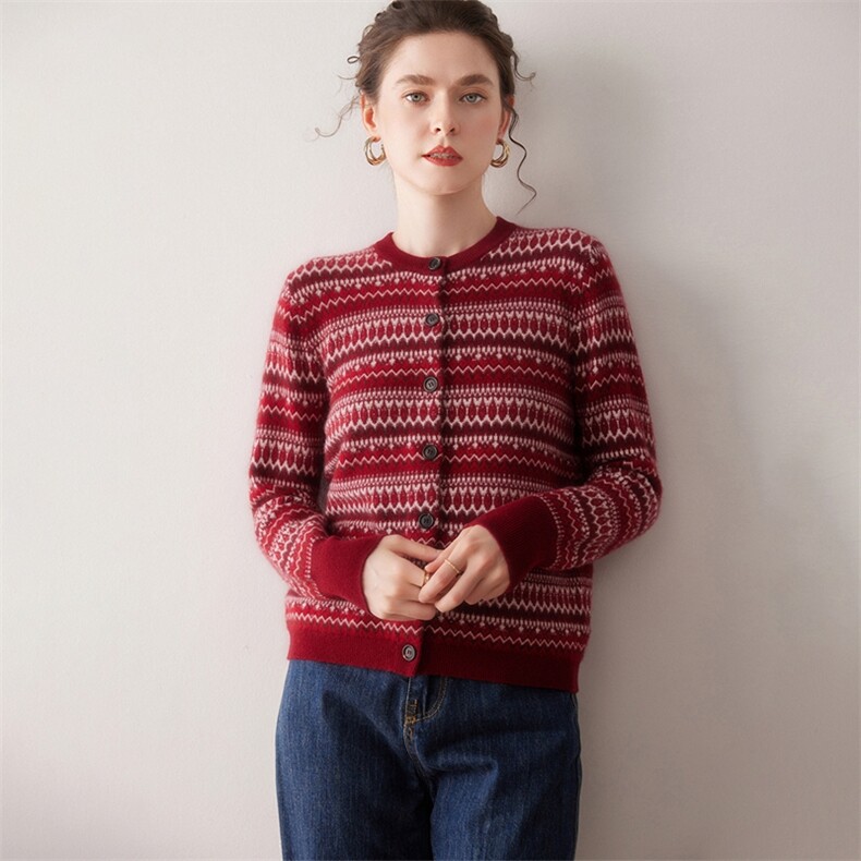 2025年秋季新款女士条纹开衫，女装针织衫/毛衣，美创羊绒