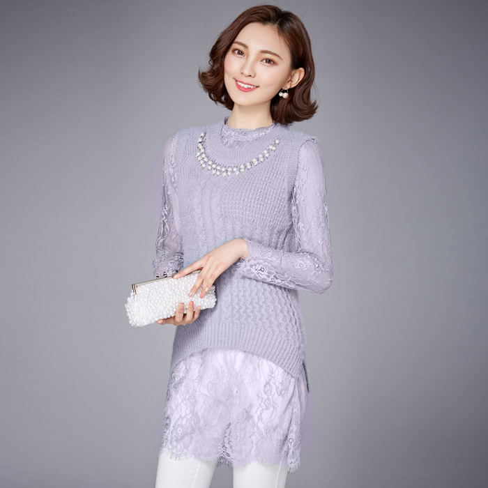 优雅蕾丝拼接针织背心女长袖上衣显瘦气质百搭打底衫,女装套装/套裙,安之芮娜