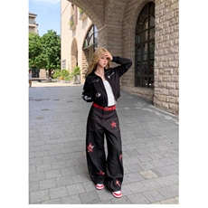 牛仔裤刺绣高腰显瘦百搭窄版阔裤直筒裤子女2025秋季外穿洋气，男装牛仔裤，星座506A