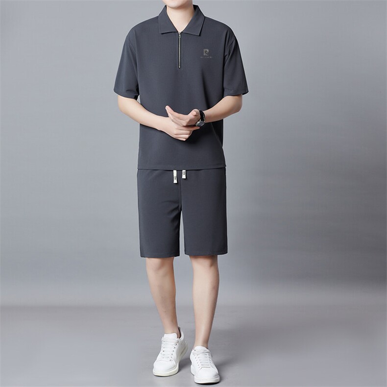 夏季男士短袖短裤套装简约时尚运动翻领套装休闲拉链两件套男装,男装休闲套装,钱塘6003（原4033）