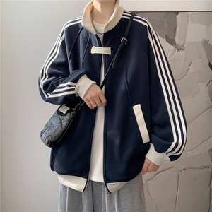 秋款男立领卫衣三条杠条纹撞色拼接拉链开衫外套WY306 P50加绒P55图片