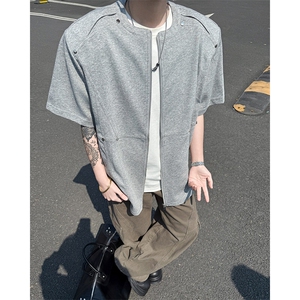 DP0158-P50 设计款简单轻奢双拉链夏季拼接男T恤高级感潮牌铆钉T图片