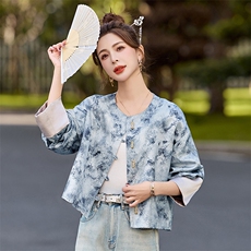 新中式国风提花外套女2025春季新款水墨画唐装年轻款短款开衫上衣，女装短外套，伊仟回