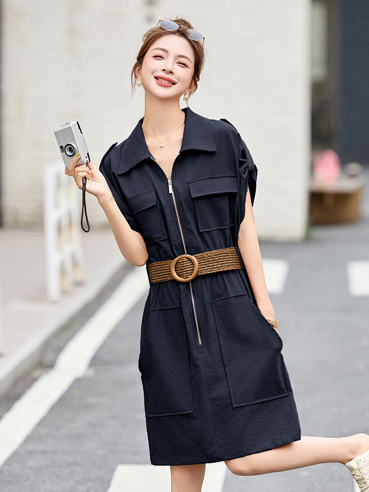时尚休闲翻领工装风连衣裙女2025夏季新款小个子宽松显瘦短袖裙子,女装连衣裙,沁沁公主