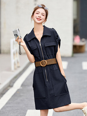 时尚休闲翻领工装风连衣裙女2025夏季新款小个子宽松显瘦短袖裙子，女装连衣裙，沁沁公主