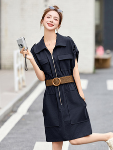 时尚休闲翻领工装风连衣裙女2025夏季新款小个子宽松显瘦短袖裙子图片