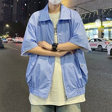 条纹短袖衬衫男夏季小众设计感复古港风外套P50，男装夹克，星座1116-2