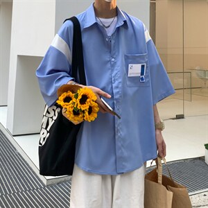 【2025春夏】拼接CITYBOY风中性休闲夏季宽松五分袖男短袖衬衫图片