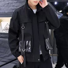 工装夹克男潮牌帅气口袋带皮无帽飘带棒球服宽松情侣外套J,男装夹克,星座1804