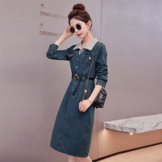 韩版假两件拼接牛仔连衣裙女2024春秋新款时尚气质收腰显瘦a字裙，女装连衣裙，慕依路