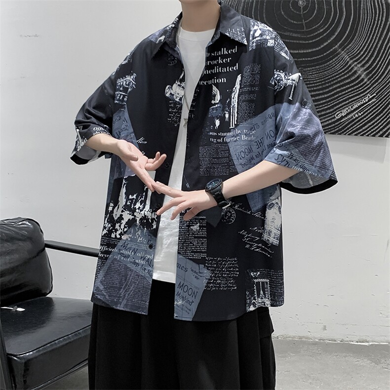 wassuphappy夏威夷短袖衬衫男夏季薄款港风痞帅宽松休闲衬衣外套,男装T恤,电商D312-1