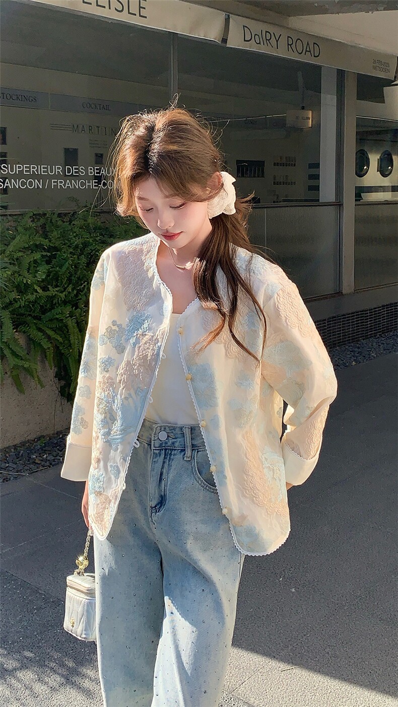 新款上新2025蓝色立体花朵刺绣防晒外套女85076-208A-P170-K255,女装短外套,浙宝208A