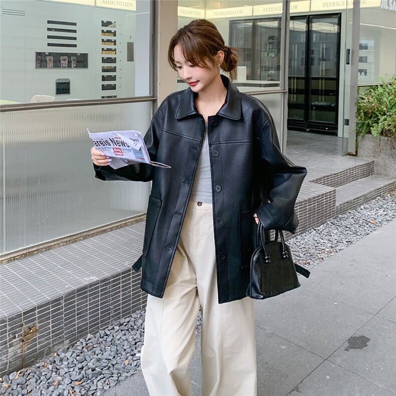 2025春季新款时尚法式复古翻领单排扣皮衣外套女休闲百搭简约上衣图片