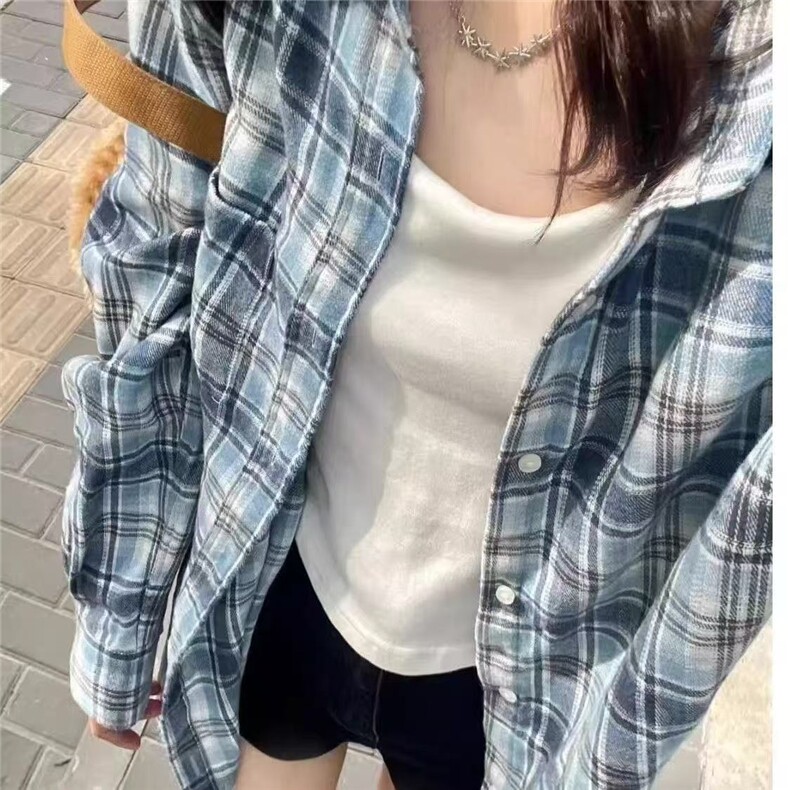 复古蓝色日系格子衬衫男女新款宽松百搭防晒衫513CS1909P32,男装防晒衣,星座513