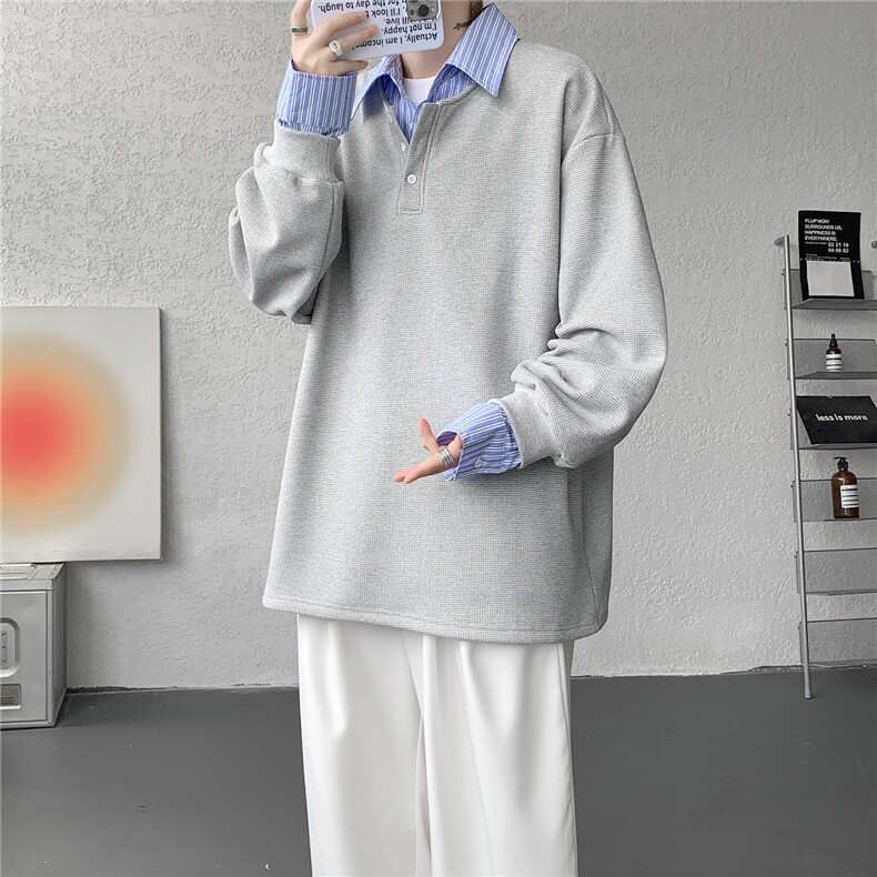 M-8XL假两件撞色polo衬衫翻领卫衣亨利领大码长袖上衣WY5117特P45,男装衬衫,电商B238