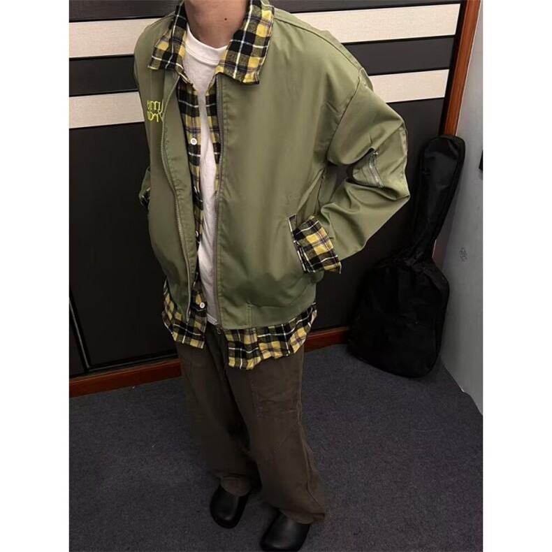 美式复古情侣款拼接格子假两件外套春秋高级感百搭痞帅男女上衣图片