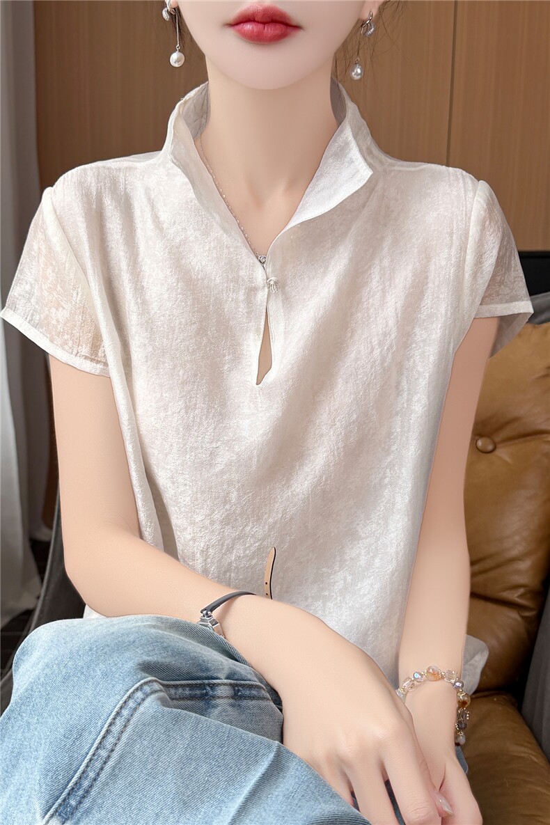 人丝纱短袖立领小衫百搭女宽松型,女装衬衫,圣丽羊绒