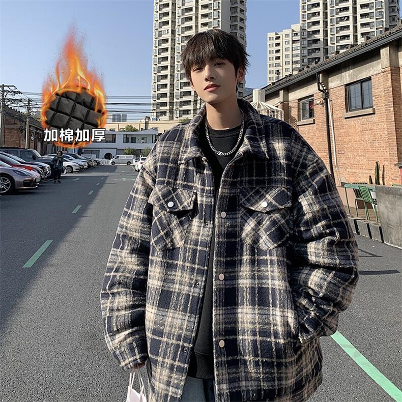 加棉加厚大码格子翻领夹克男宽松小香风外套J606J加棉-特P75控118,男装夹克,电商A001