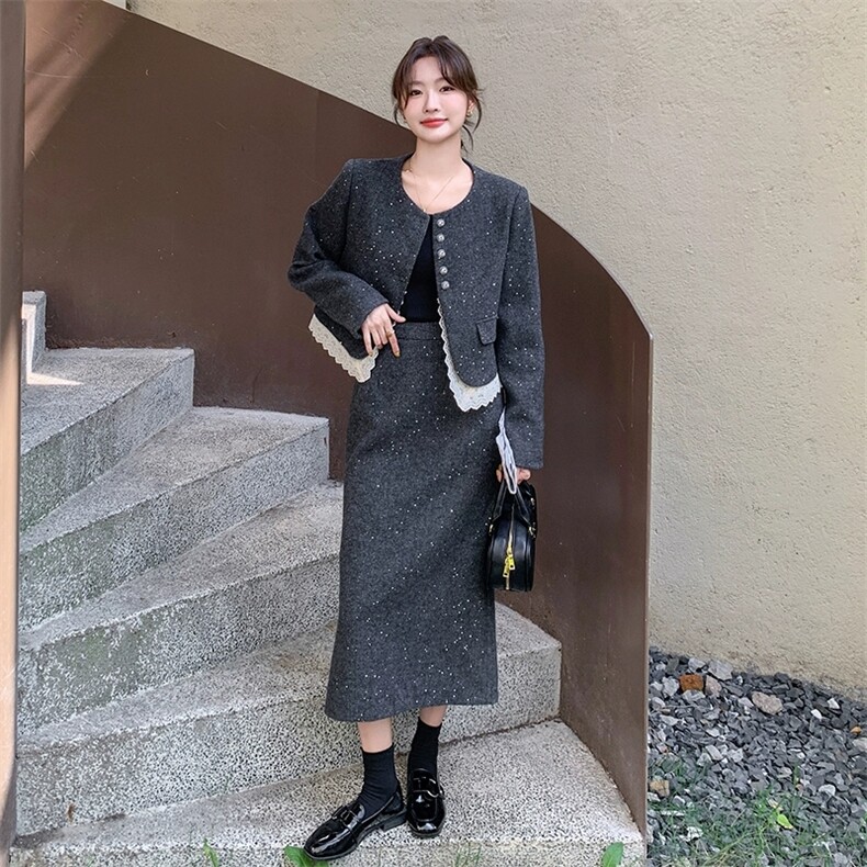 法式小香风亮片套装裙女秋冬蕾丝拼接外套半裙两件套，女装套装/套裙，浙宝212A