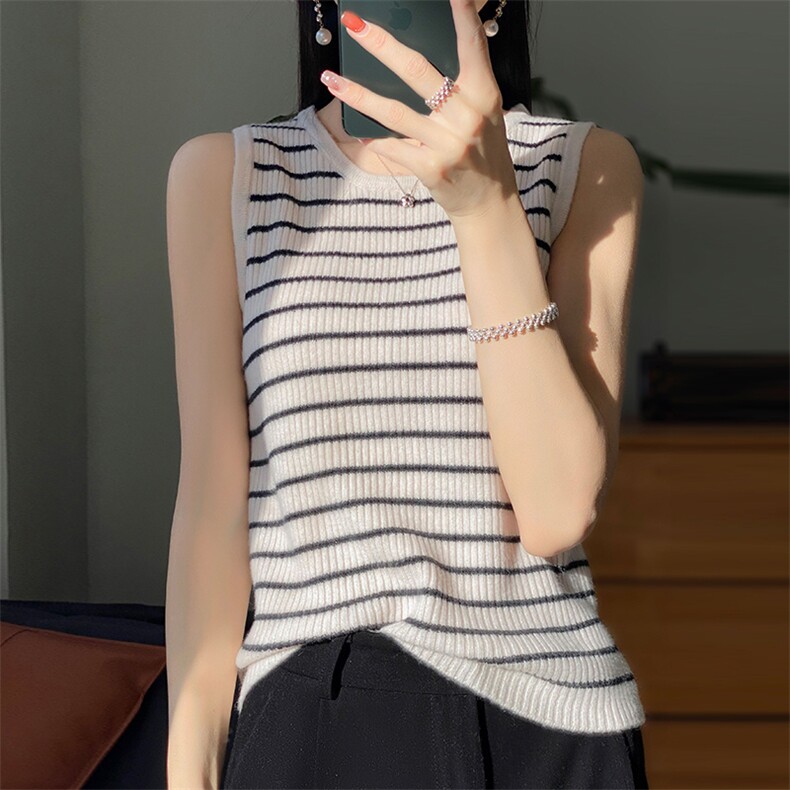 两件套100%纯羊毛开衫女圆领拼色条纹针织背心毛衣羊绒打底衫上衣，女装背心吊带，冀清阳荣