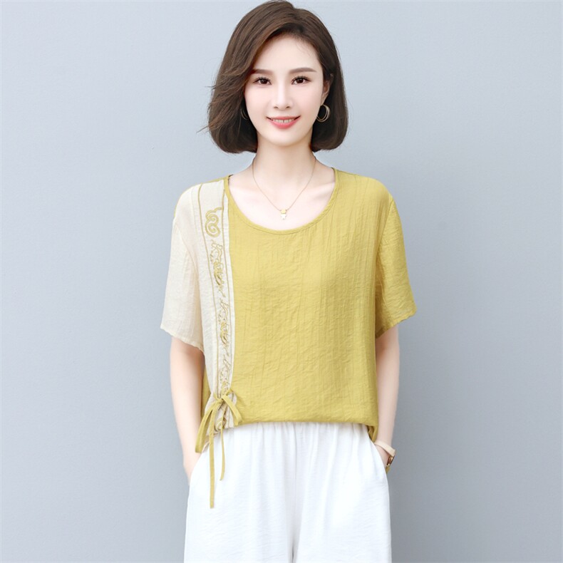 新款2025年夏季天丝刺绣T恤拼接上衣女中老年妈妈装三年不下架,女装T恤,璐依舞