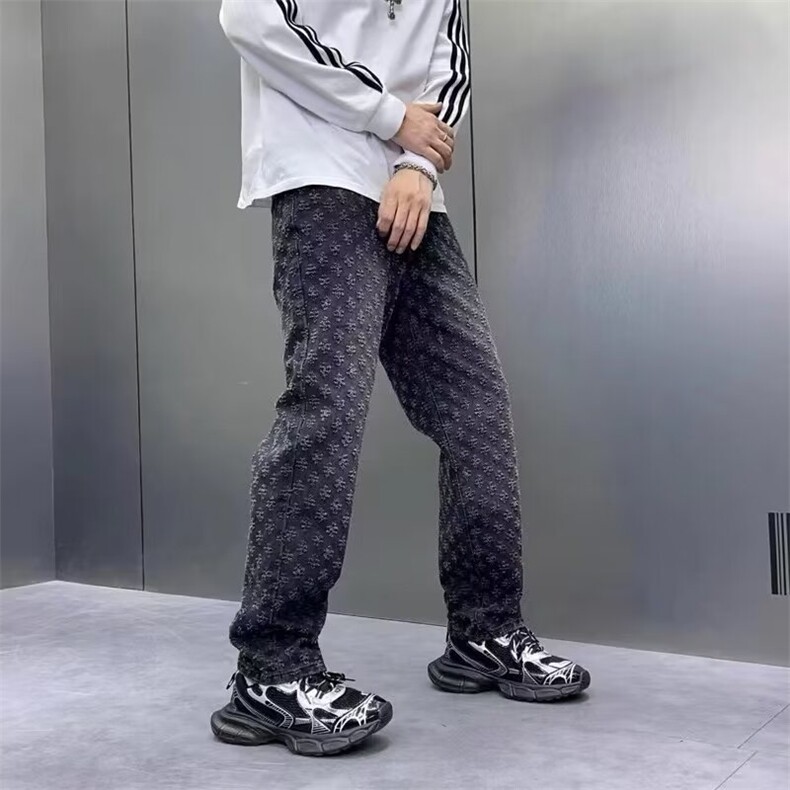 2024时尚男装美式复古高街牛仔裤男款宽松直筒潮牌套装百搭长裤子图片