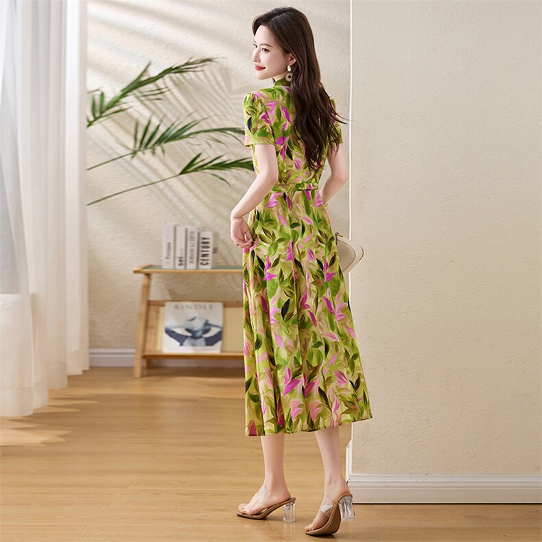 法式优雅气质碎花连衣裙女2025夏季新款收腰显瘦洋气妈妈过膝长裙,女装连衣裙,牡丹诺