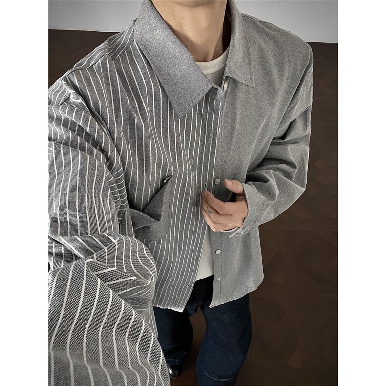 春秋新款韩系拼接条纹衬衫男宽松休闲长袖衬衫打底潮流衬衫特P45,男装T恤,电商B319