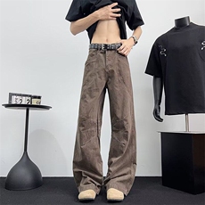 美式街头设计感工装弯刀裤男装直筒vintage阔腿微喇裤子K6441-P53，男装工装外套，星座412-3
