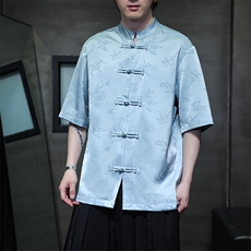 2024风新中式提花梅兰竹菊立领衬衫T恤五分袖短袖T2802-P65，男装T恤，电商A021