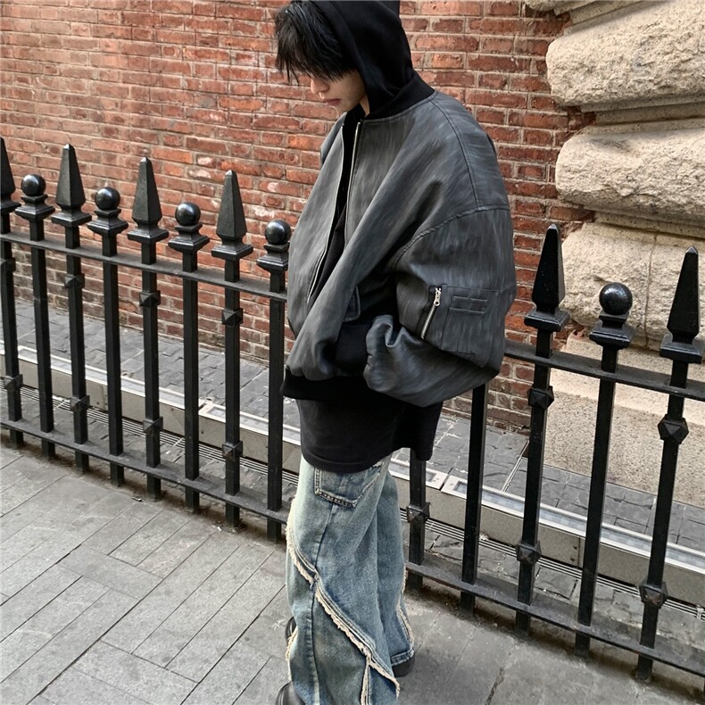 春秋季假两件双拉链设计感连帽棒球夹克外套宽松街头风上衣,男装皮衣,星座1210-1