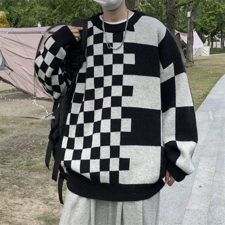 秋款男针织衫圆领套头毛衣棋盘格拼接外套M696P40,男装针织衫/毛衣,星座1013-1