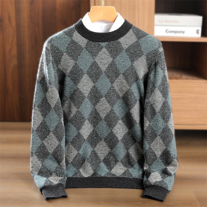 男士羊绒套衫菱形格简约休闲时尚百搭保暖圆领毛衣男装，男装羊绒套衫，美创羊绒