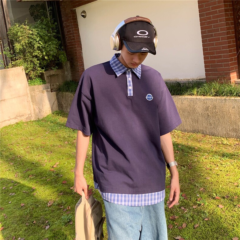 2025夏季新假两件衬衫领短袖潮牌宽松T恤男T1068/p45控59-100棉,男装T恤,电商A148