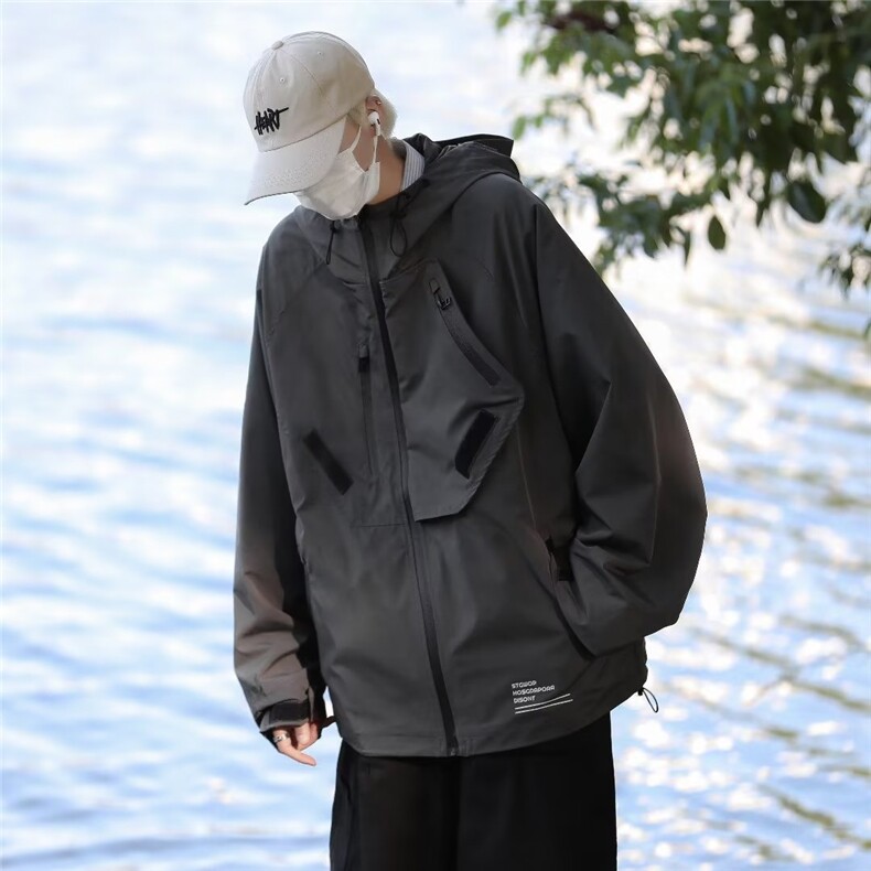 新款多口袋防水压胶拉链宽松休闲连帽夹克冲锋衣外套-Y2073-p70,男装夹克,星座601-2