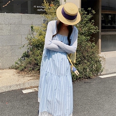 蓝色针织衫开衫条纹连衣裙2025春夏新款高级感吊带裙，女装连衣裙，2C317