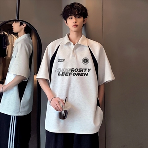翻领美式潮牌POLO衫半袖男女同款撞色拼接百搭插肩袖T恤T68-P38图片
