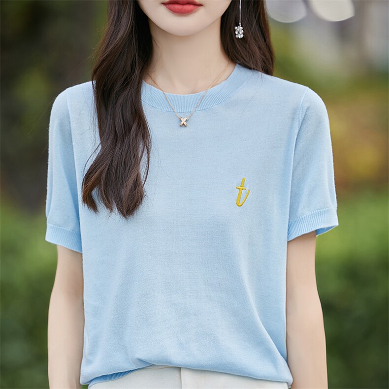 夏薄款莱赛尔天丝针织短袖女圆领刺绣桑蚕丝T恤打底宽松半袖上衣,针织衫/毛衣,朝贺羊绒