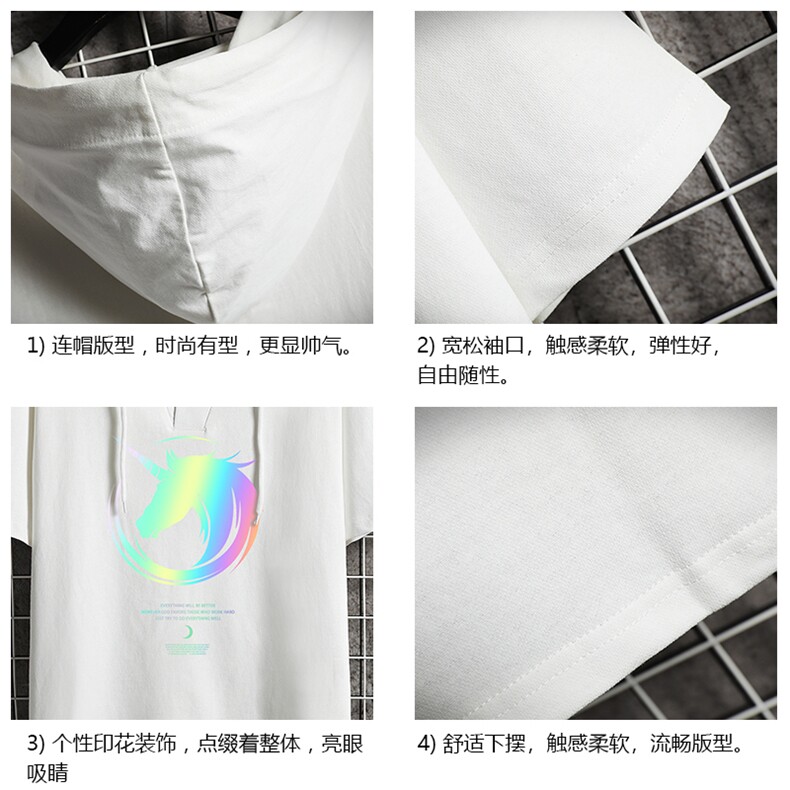 LD54138-P45连帽短袖t恤男大码胖子带帽五分袖中袖网格挂拍,男装T恤,电商A040A