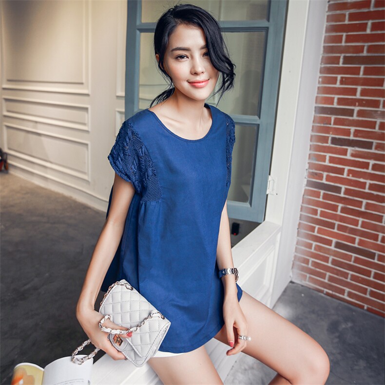 时尚宽松显瘦蕾丝拼接短袖T恤女夏季新款韩版百搭上衣，女装T恤，深水步