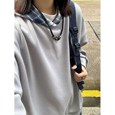美式复古假两件套头连帽卫衣男女日系秋冬格子拼接情侣长袖帽衫潮，男装卫衣，星座506A