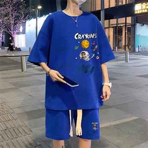 青少年男装帅气学生潮流休闲运动套装夏季华夫格短袖短裤酷帅穿搭图片