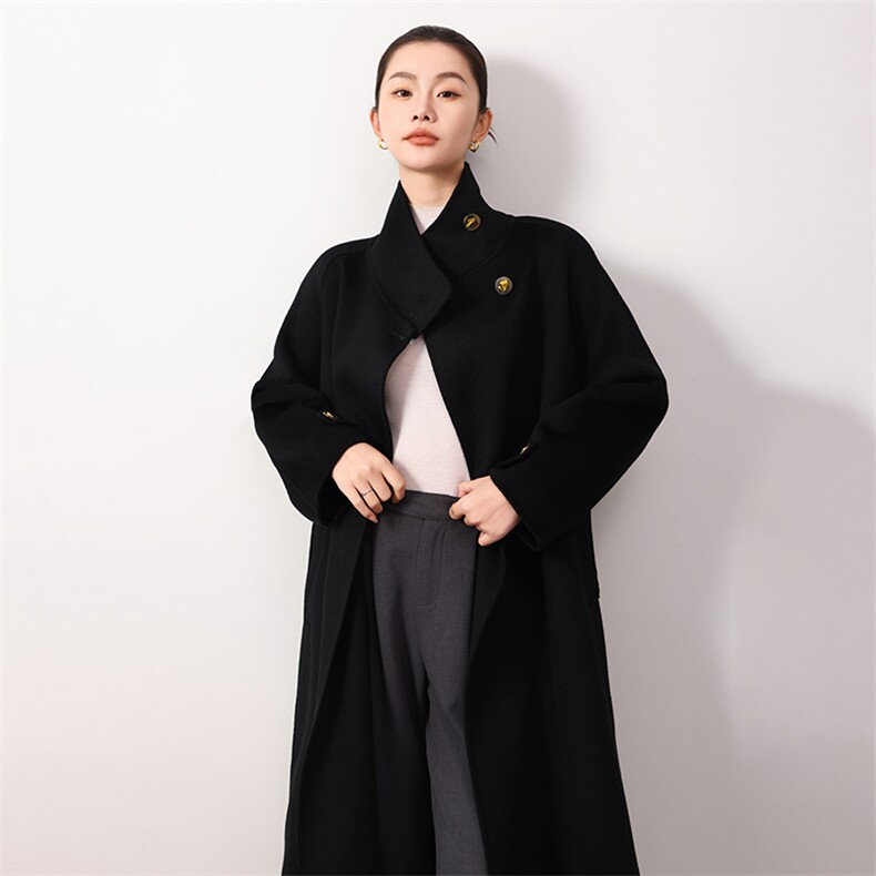 2024秋冬新款双面羊绒大衣女立领系带赫本风高级感毛呢外套中长款,女装双面呢大衣,岳达羊绒