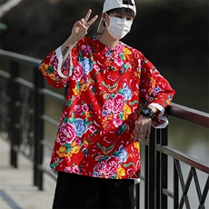 HT02东北大花休闲盘扣套头七分袖宽松T恤风男装大码外套休闲，男装T恤，星座115A(原星座507）
