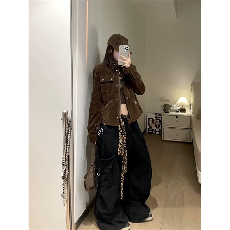 网络图现货美式原创设计高级感咖啡色麂皮美拉德外套JHT270-P90,女装短外套,星座715-7